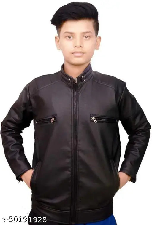 Black waterproof leather winter jacket with zip closure for boys