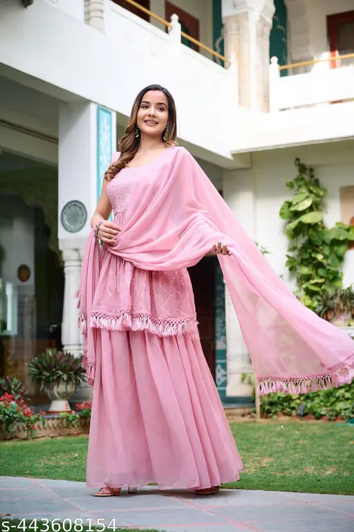 Pink embroidered georgette anarkali kurta with body fit