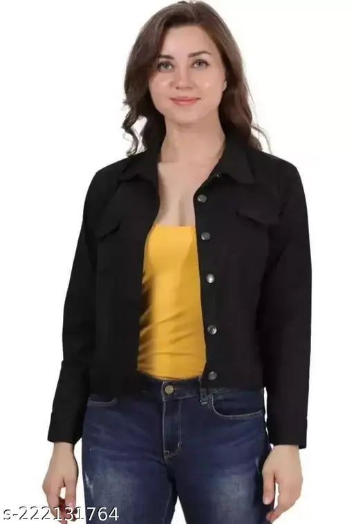 Black cotton blend jacket for girls - stylish solid design, versatile for day or night, Shree Shyam Collection