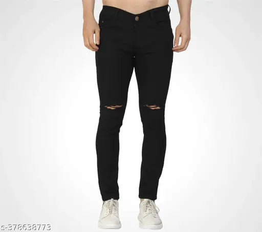Mens black damage jeans, stretchable denim with knee distressing for men's versatile style, comfortable fit. Sizes: 28, 30, 32 (IN). Made in India