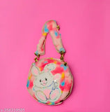 Pink satin baby purse with animal design, white stitching, small size