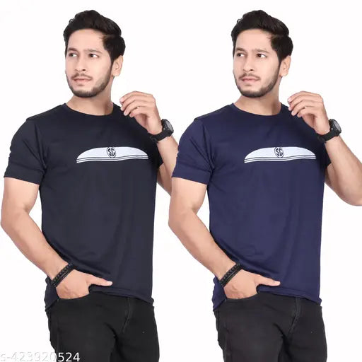 Black & Blue men's solid round neck T-shirts (2 pack), polyester blend, short sleeves, printed design. Classic look for all seasons. Sizes M, L, XL, XXL. Origin: India