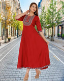 Maroon rayon embroidered Anarkali kurti dress, three-quarter sleeves, A-line silhouette for casual or office wear. Made in India - Vocal for Local