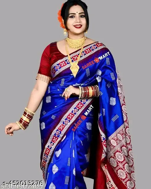 Royal blue Sambalpuri silk saree with floral buta allover design and red border, ideal for Odisha celebrations