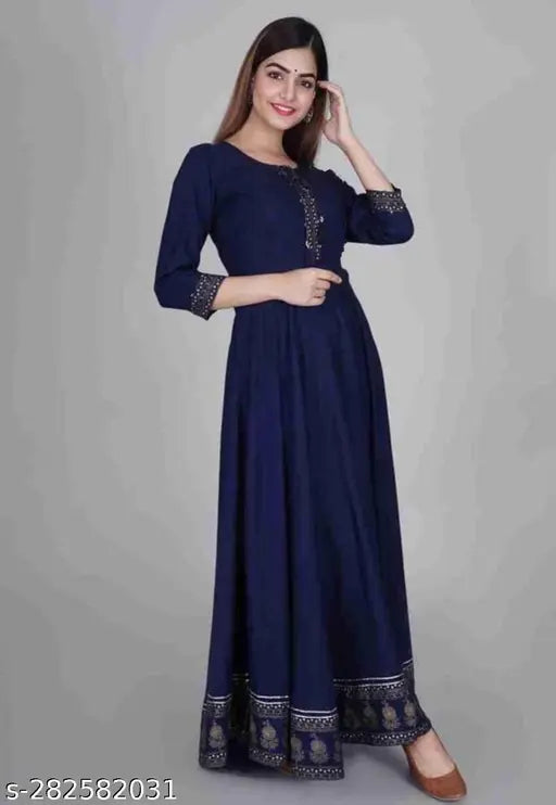 Rayon Anarkali party dress, single-colored three-quarter sleeve kurti gown for women, Indian-origin fashion work with prints and tussar