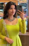Lime green georgette Anarkali gown with dupatta, ideal for Indian weddings or festivals