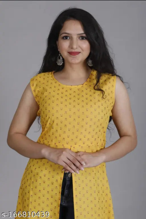 Rayon frontslit cut kurta, sleeveless printed combo for women. Colorful Indian fashion on mannequin