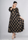 Rayon gold-print Anarkali kurti with three-quarter sleeves, Indian festive wear on hanger