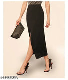 Black high-waisted skirt with side slit and thigh-high split-toe heels