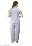 Comfortable satin nightsuit set for women, free size, short-sleeved shirt and elastic-waist pajamas. Made in India