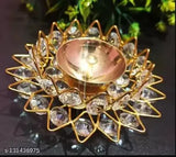 Golden brass oil lamp with deep crystal DeepakDia, Akhand LotusKamal Diya, round form, intricate design, adorned with clear gemstones