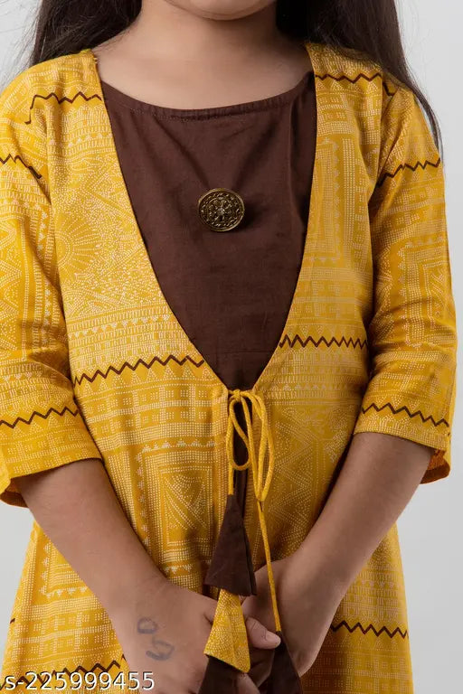 Multicolor rayon Anarkali kurta with printed net pattern, three-quarter sleeves, lightweight and elegant. Sizes: 5-6 years (bust 27in, length 26in); 7-8 years (bust 28in, length 27in). Made in India