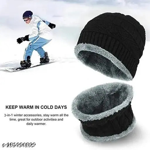 A warm, soft knitted beanie hat in black with a cap and neck muffler