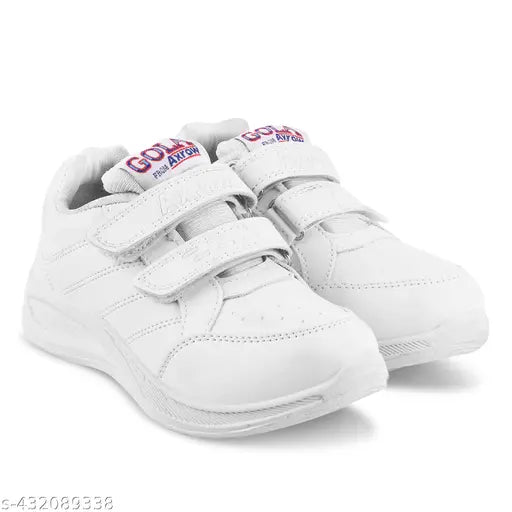 White velvet school shoes with gold embossed logo, non-lacing design