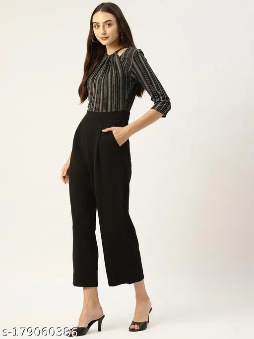 Black and white striped crepe jumpsuit for women, three-quarter sleeves, round neck, two pockets - size S, suitable for bust 34in, waist 28in, hip 38in