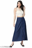 Blue denim women's long skirt, casual western style. Ideal for all seasons, versatile design, length 34 inches