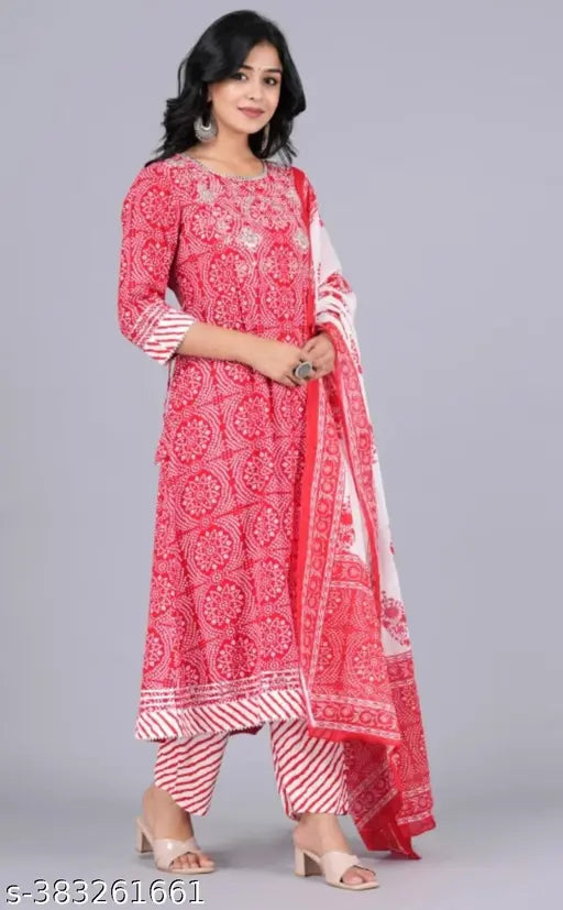 Rayon embroidered Anarkali kurti set with pant & dupatta, vibrant Indian ethnic wear