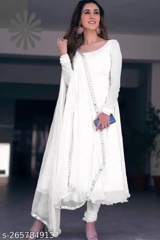 Long-sleeved Georgette gown with mirror lace dupatta, stitched in India. Available in S-XXL sizes