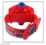 Red and blue plastic child's watch with multi-colored straps and dials