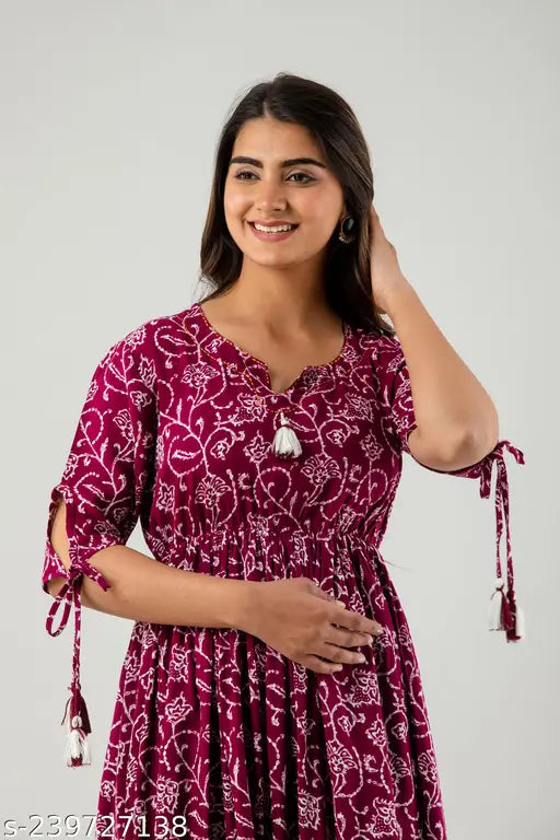 Women's rayon long Anarkali kurta with 3/4 sleeves, tassel detail, hand-embroidered, print combo, India-made