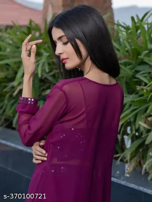 Georgette embroidered palazzo top & net shrug, Indian-made fashionable ensemble for casual or formal events