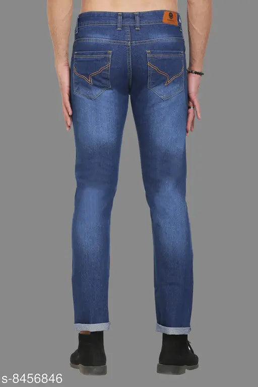 Men's polycotton damaged blue jeans, solid pattern, size 30/32/34/36, India origin