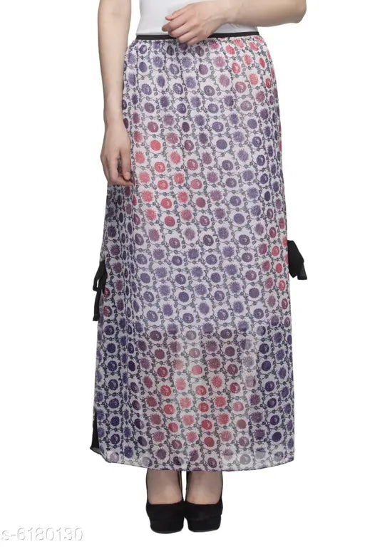 Printed polyester maxi skirt with side belt, vibrant design for women's fashion