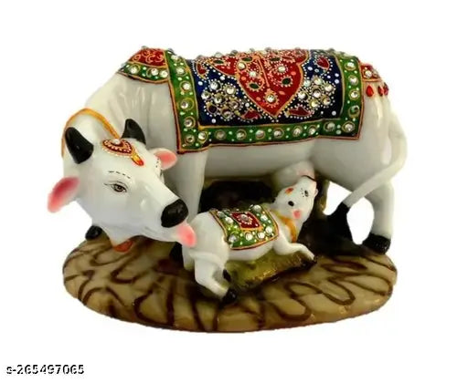 Polyresin decorative marble dust Cow and Calf Idols (5x3x3 inch), symbolizing divine Kamadhenu, Indian handicraft