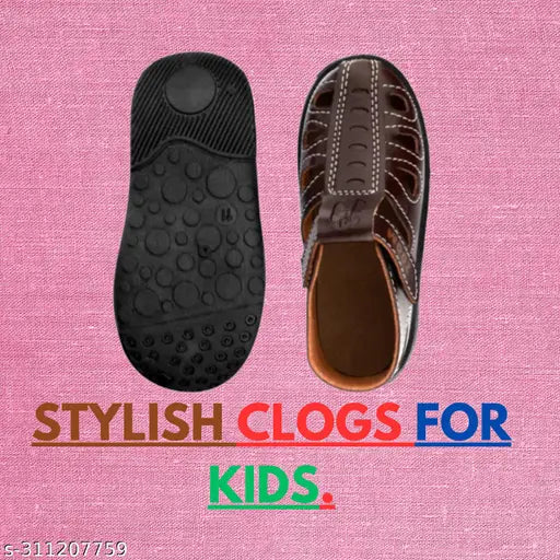 A pair of stylish kids' casual leather walking shoes in black with light brown soles, featuring a strap and a buckle closure