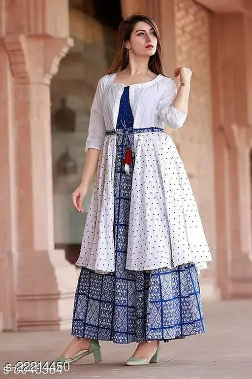 White rayon three-quarter sleeve Anarkali kurta with blue print, Indian traditional fashion