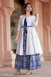 White rayon three-quarter sleeve Anarkali kurta with blue print, Indian traditional fashion