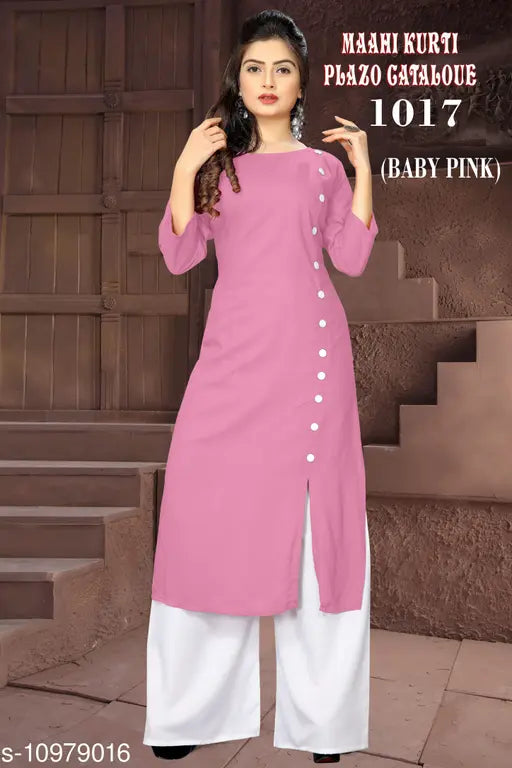 Rayon high-slit solid long kurti with palazzos, three-quarter sleeves, Indian women's fashion accessory on mannequin