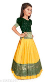 Pink cotton silk baby girls Pattu Pavadai Lehenga Choli Set with golden zari work, woven designs & jacquard detailing