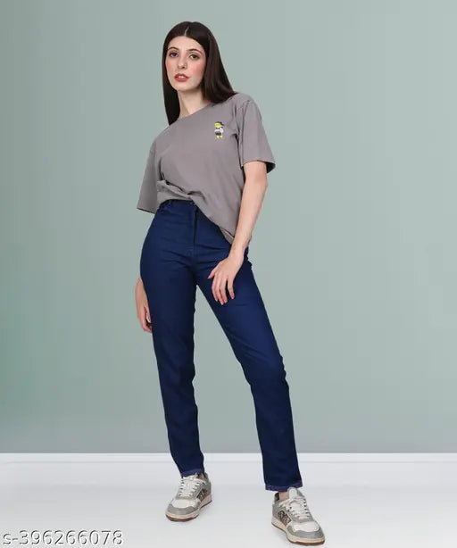 Stretchable Premium Denim Blue Jeans: Baggy, Plus Size, Women's, Mid Waist, Jogger, Elastic Waist, Ankle Cuff, Cargo Pants, Bell Bottom