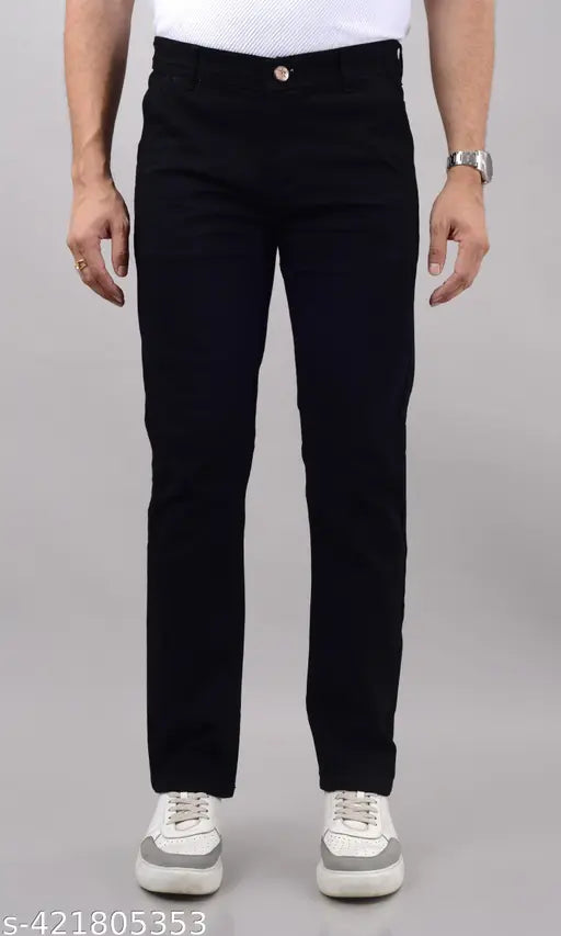 Men's black stretchable denim jeans, solid pattern, versatile for casual and semi-formal events. Size options include 42, 44, 46, 48, and 50 inches (waist, length, hip). Made in India