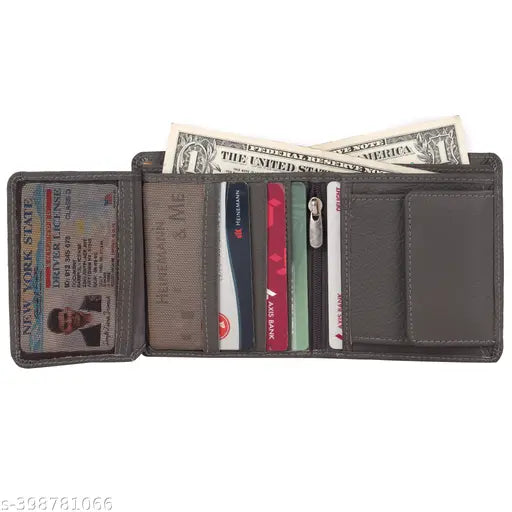 Gray genuine leather RFID-blocking men's wallet with 3 compartments, gift-boxed, India origin
