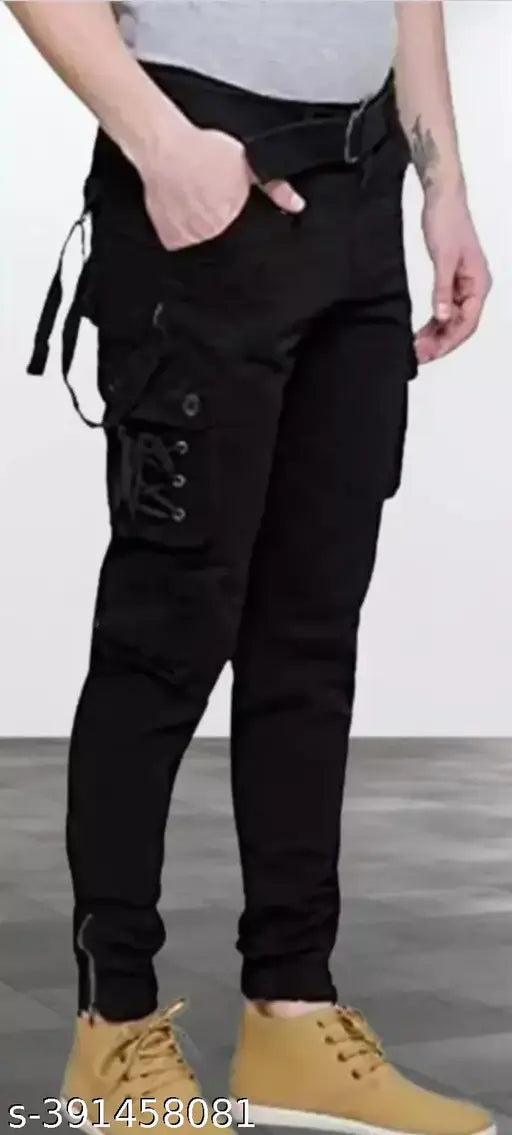 Men's black cotton blend cargo jeans for size 28/30/32/34, solid design on display
