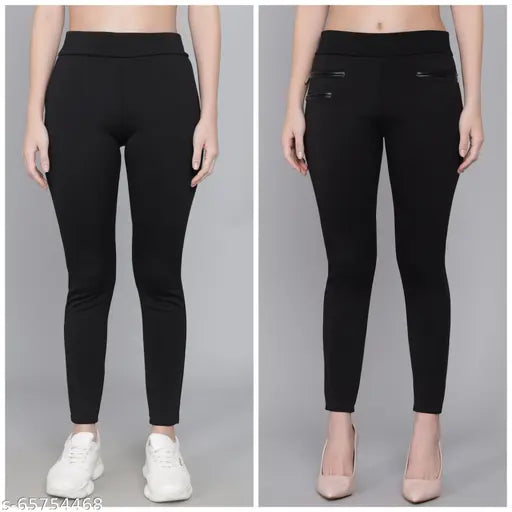Stylish lycra jegging combo, includes designs with zip front and side pockets, perfect for pairing with tops or dresses