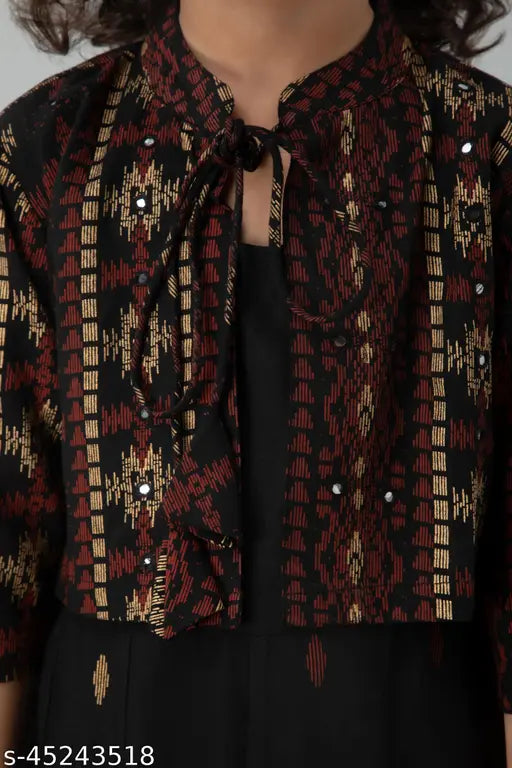 Kavish baby girl black printed Anarkali kurti with geometric short jacket, rayon three-quarter sleeves, size 7-8 years
