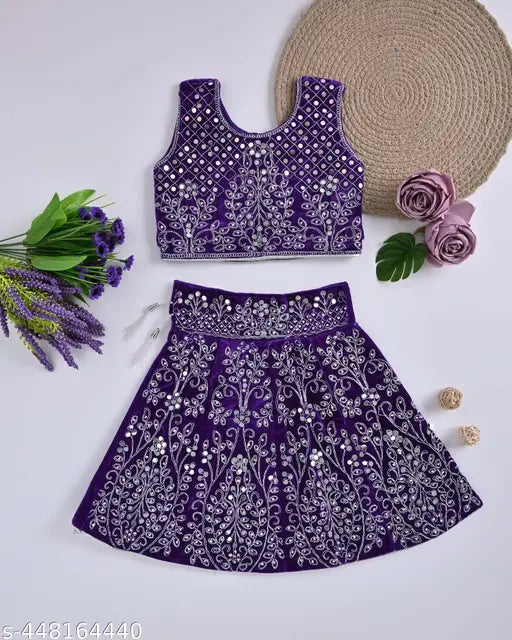 Baby girl velvet cotton lehenga set, embellished with zari stitch, sleeveless and without dupatta, toddler party wear, ethnic Indian fashion, India origin