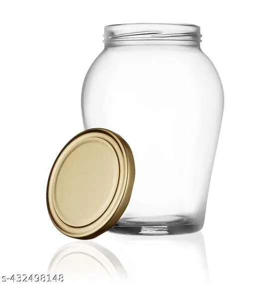 Transparent glass jars, golden lids, 1000ml, airtight containers for food storage.