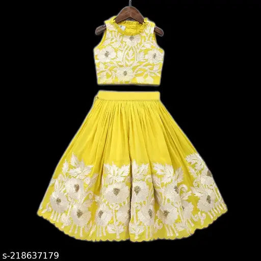 Georgette embroidered lehenga choli, flower detailing, girls clothing, Indian fashion accessory