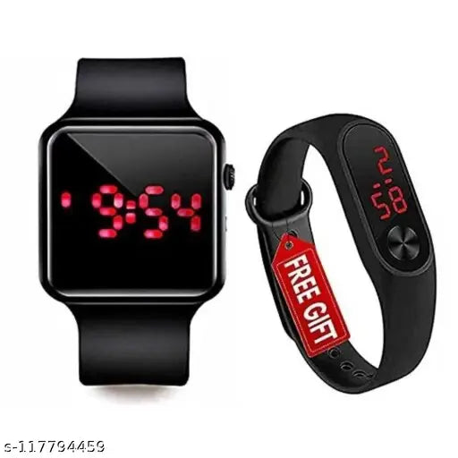Black digital wristwatch set with red numbers and hands, gift card attached