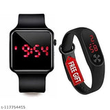 Black digital wristwatch set with red numbers and hands, gift card attached