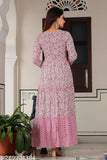 Rayon printed embroidery gown, three-quarter sleeves, vibrant Indian woman's fashion