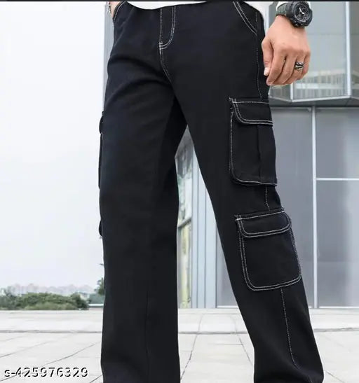 Mens loose baggy fit washed cargo jeans - solid cotton blend for a casual look, size 32 (waist 32in, length 40in, hip 40in), made in India
