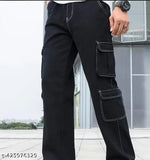 Black denim cargo jeans with adjustable drawstrings, two front pockets and side zipper closure