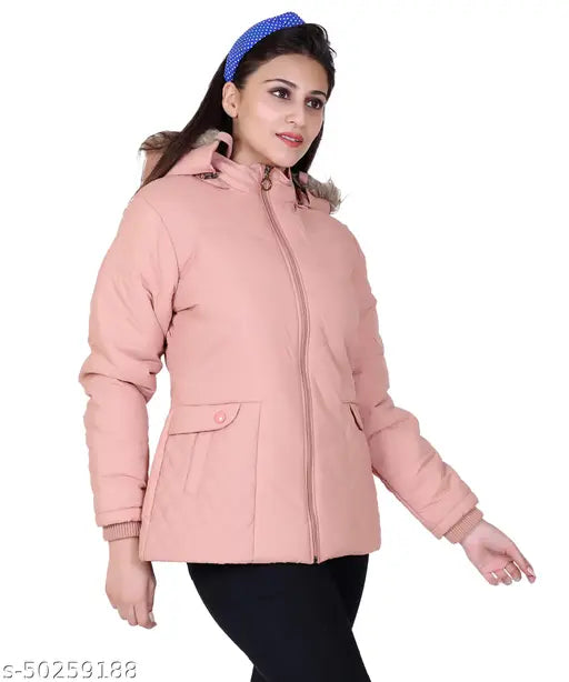 Nylon Indian fort winter jacket, solid pattern, long sleeves for women (M: 38in bust, 24in length; L: 40in bust, 25in length; XL: 42in bust, 26in length; XXL: 44in bust, 27in length)