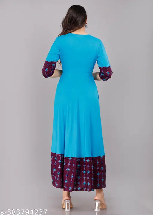 Blue Rayon Anarkali Kurta, stylish and fashionable Indian wear with three-quarter sleeves, printed combo, suitable for various occasions