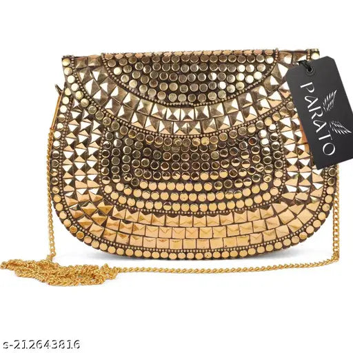 Gold metal handbag with sequin accents and sling strap, suitable for casual wear